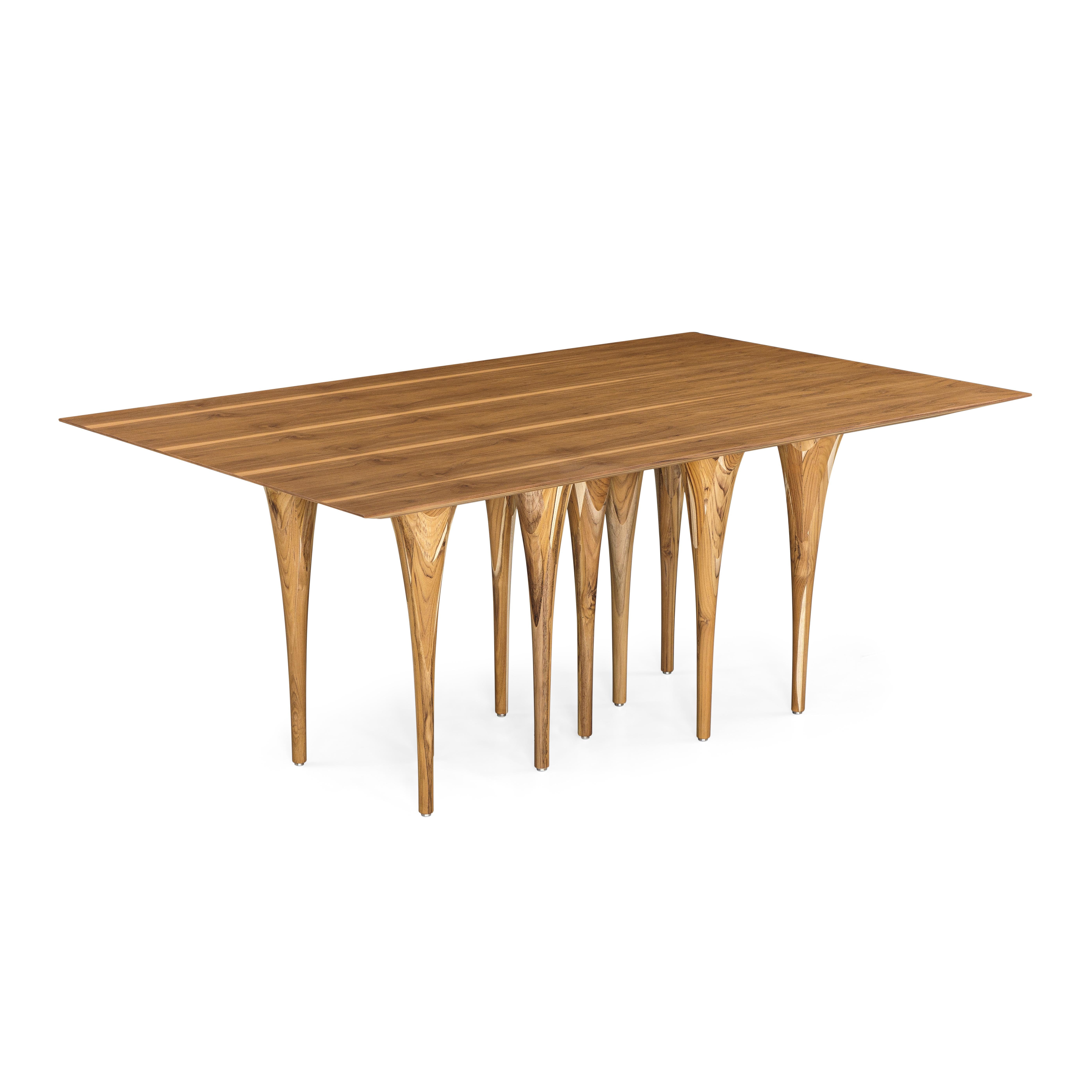 Contemporary Pin Dining Table with a Teak Wood Veneered Table Top and 10 Legs 71'' For Sale