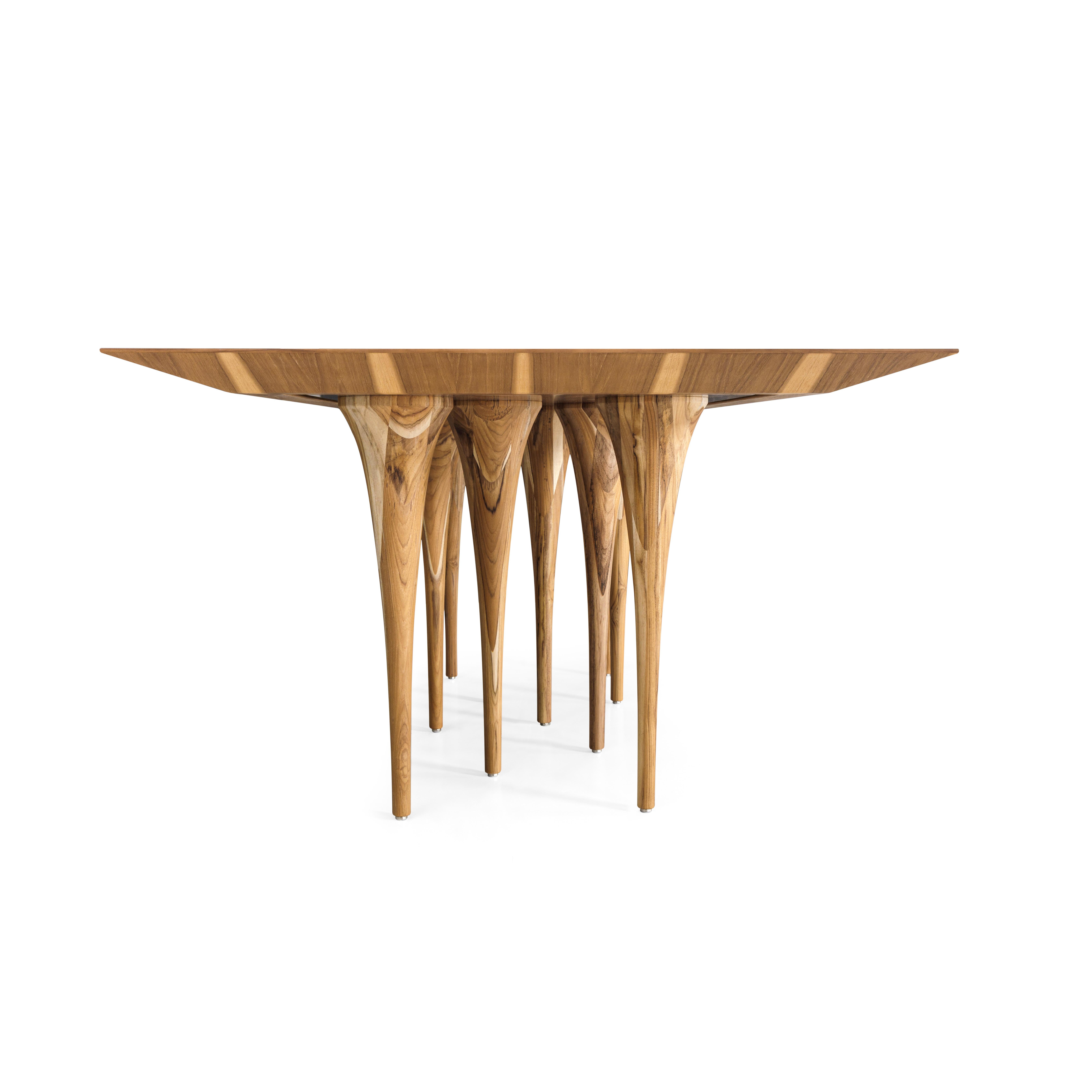 Pin Dining Table with a Teak Wood Veneered Table Top and 10 Legs 71'' For Sale 2