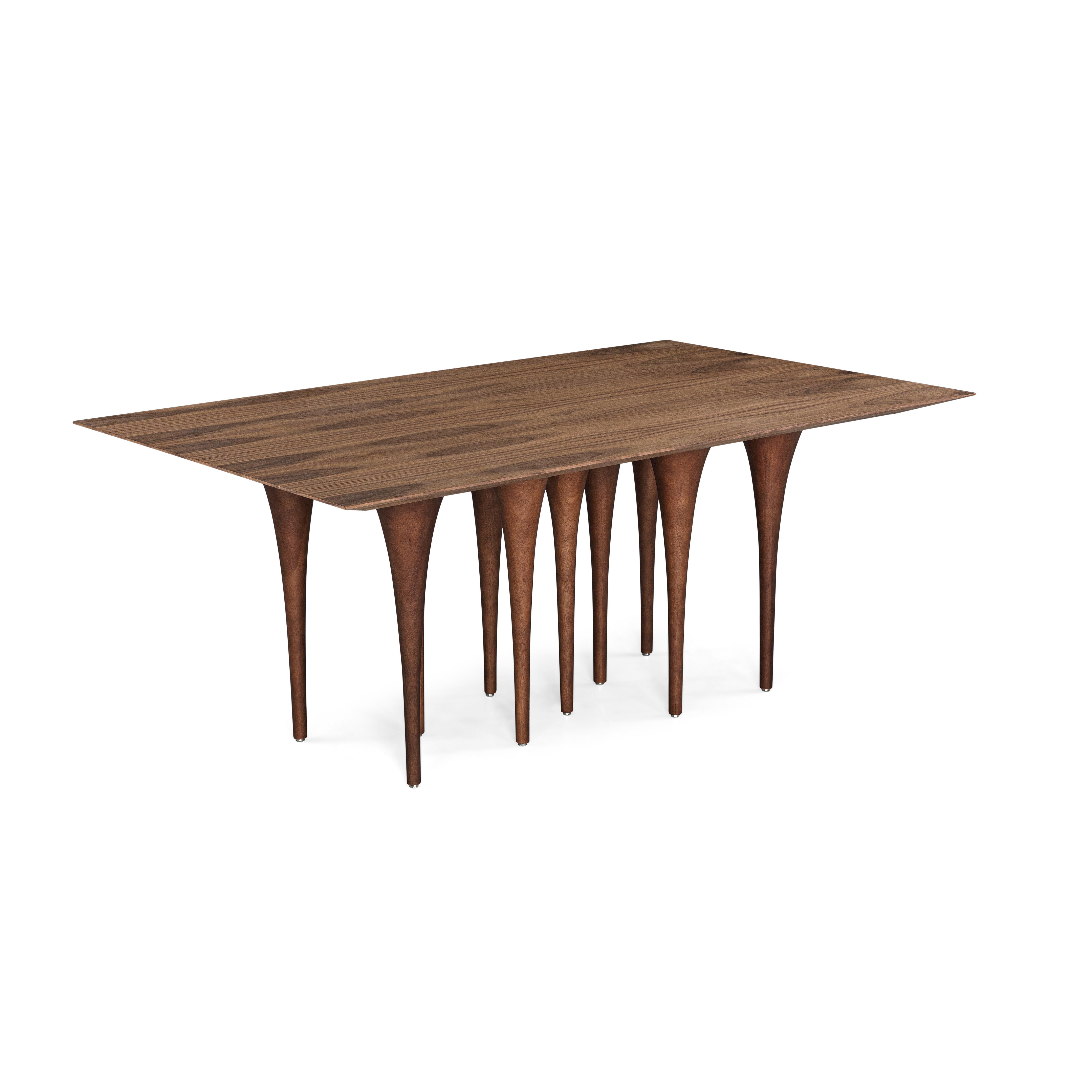 Brazilian Pin Dining Table with a Walnut Wood Veneered Table Top and 10 Legs 71'' For Sale