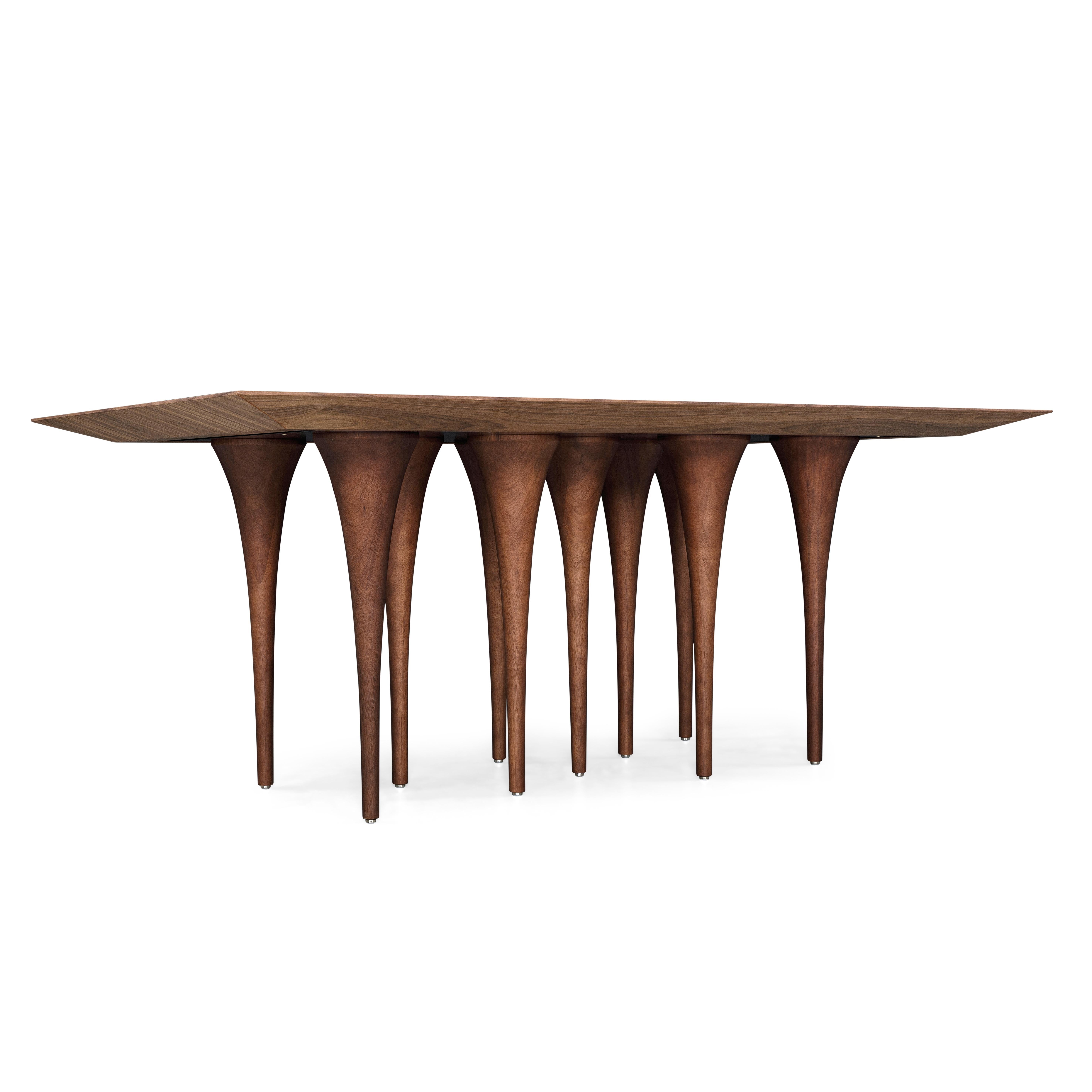 Pin Dining Table with a Walnut Wood Veneered Table Top and 10 Legs 71'' In New Condition For Sale In Miami, FL