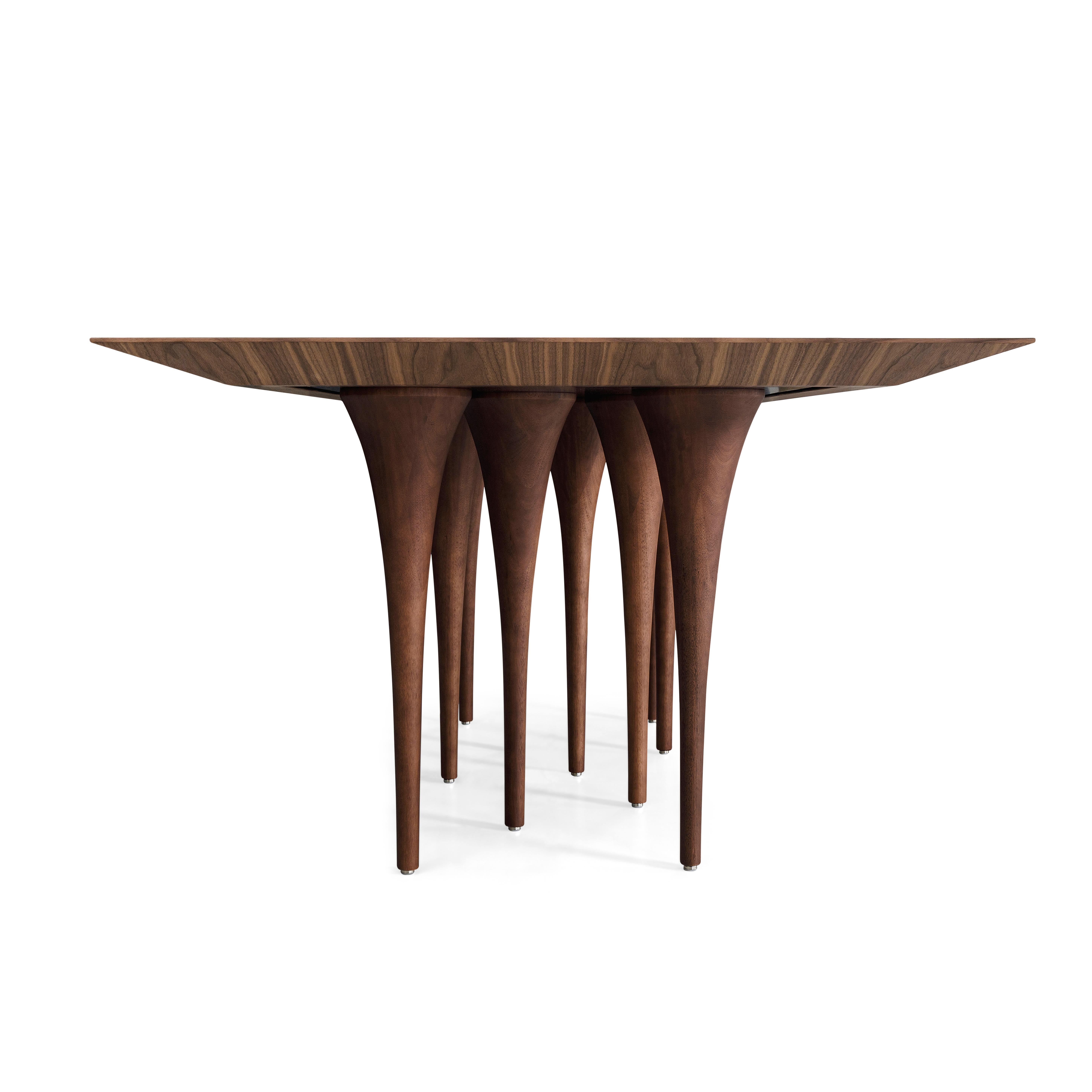Contemporary Pin Dining Table with a Walnut Wood Veneered Table Top and 10 Legs 71'' For Sale