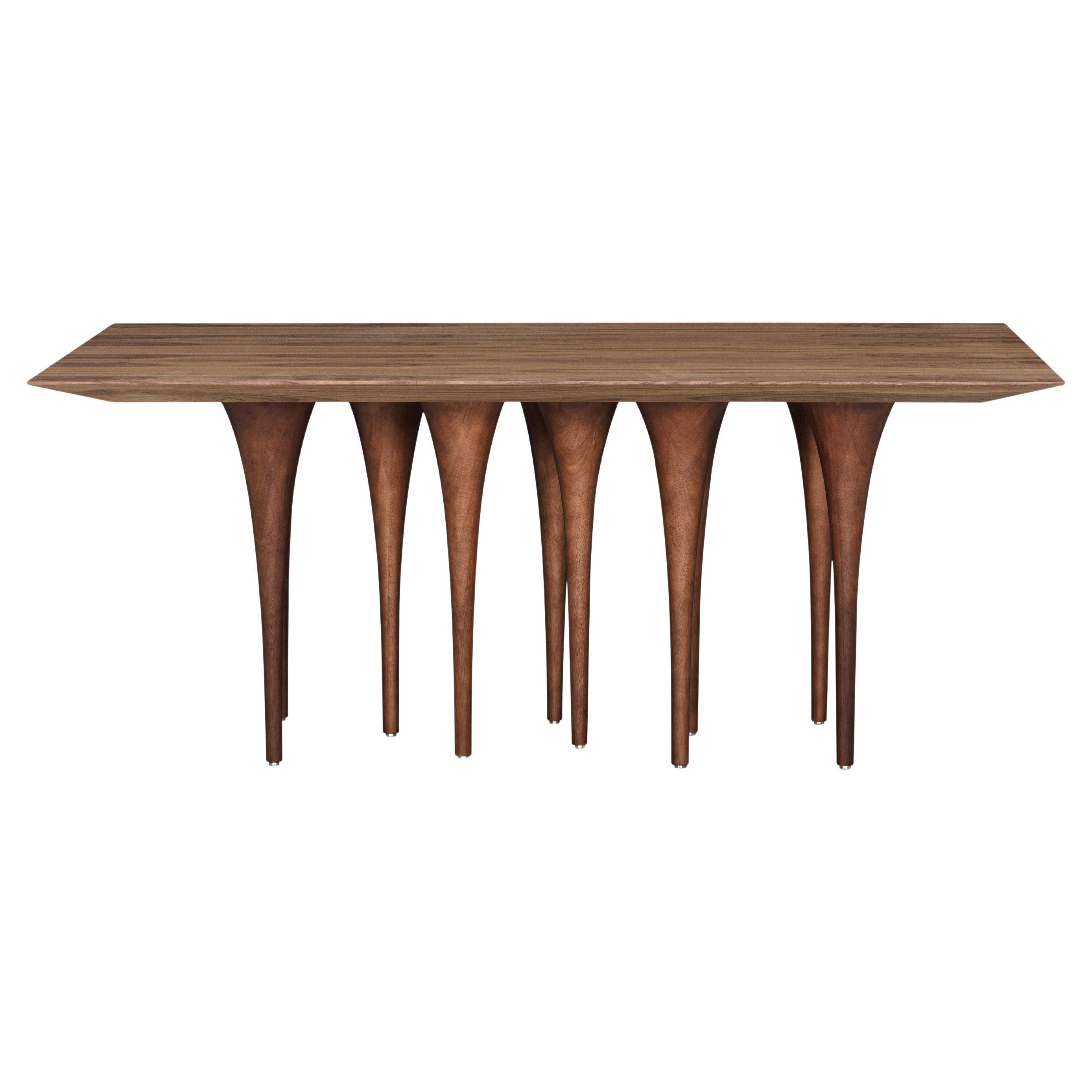 Pin Dining Table with a Walnut Wood Veneered Table Top and 10 Legs 71''