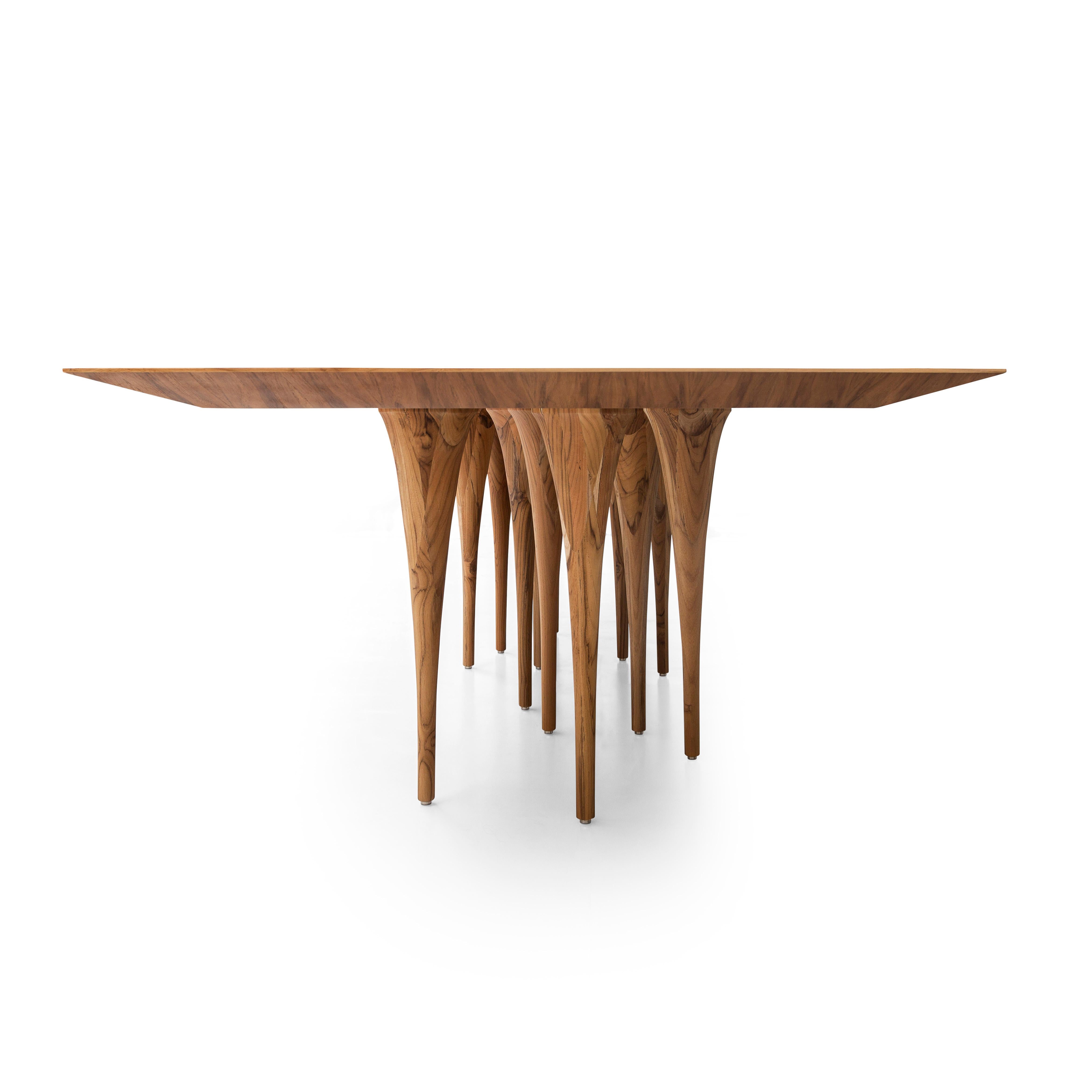 Pin Dining Table with a Teak Wood Veneered Table Top and 12 Legs 98'' For Sale 1