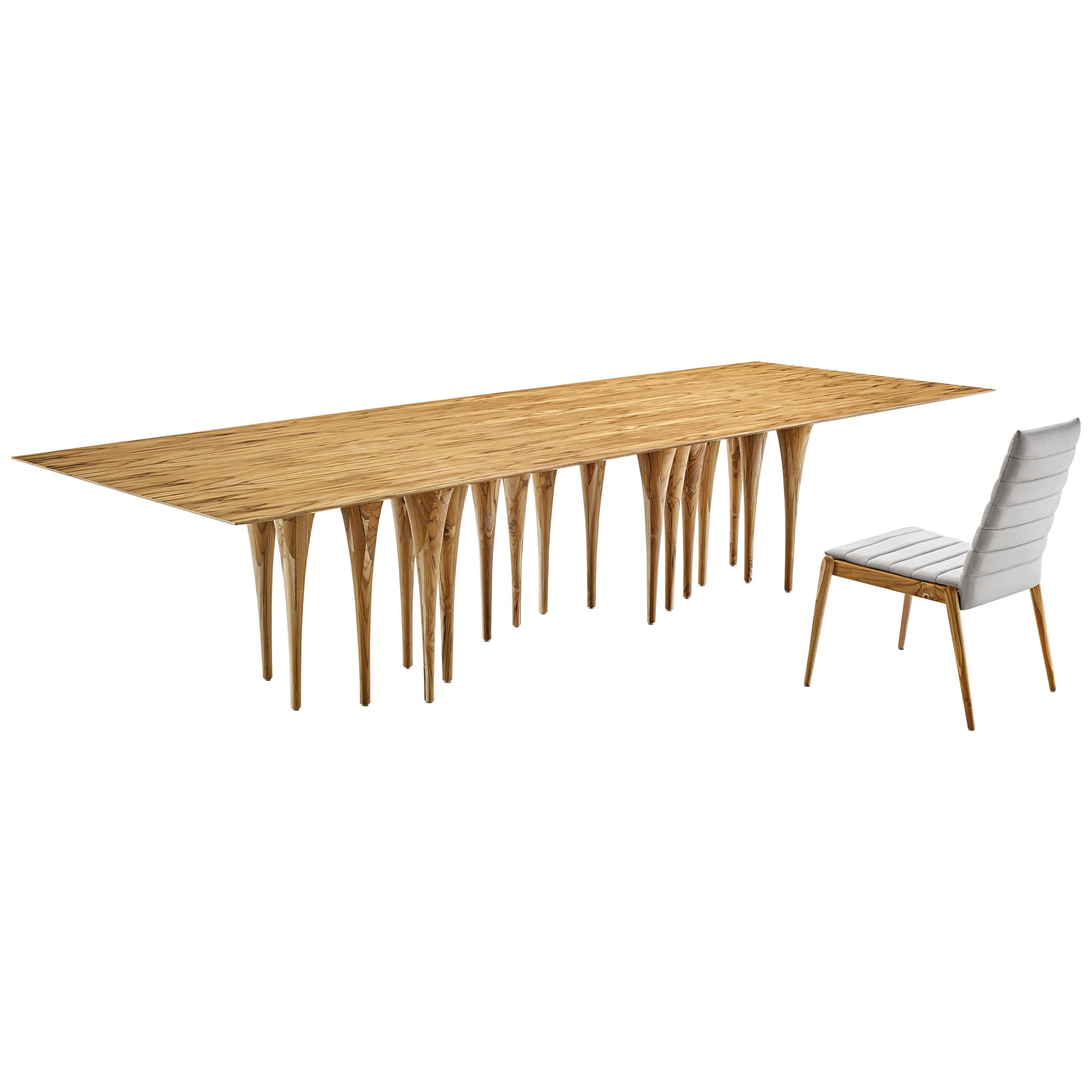 Brazilian Pin Dining Table with a Teak Wood Veneered Table Top and 12 Legs 98'' For Sale