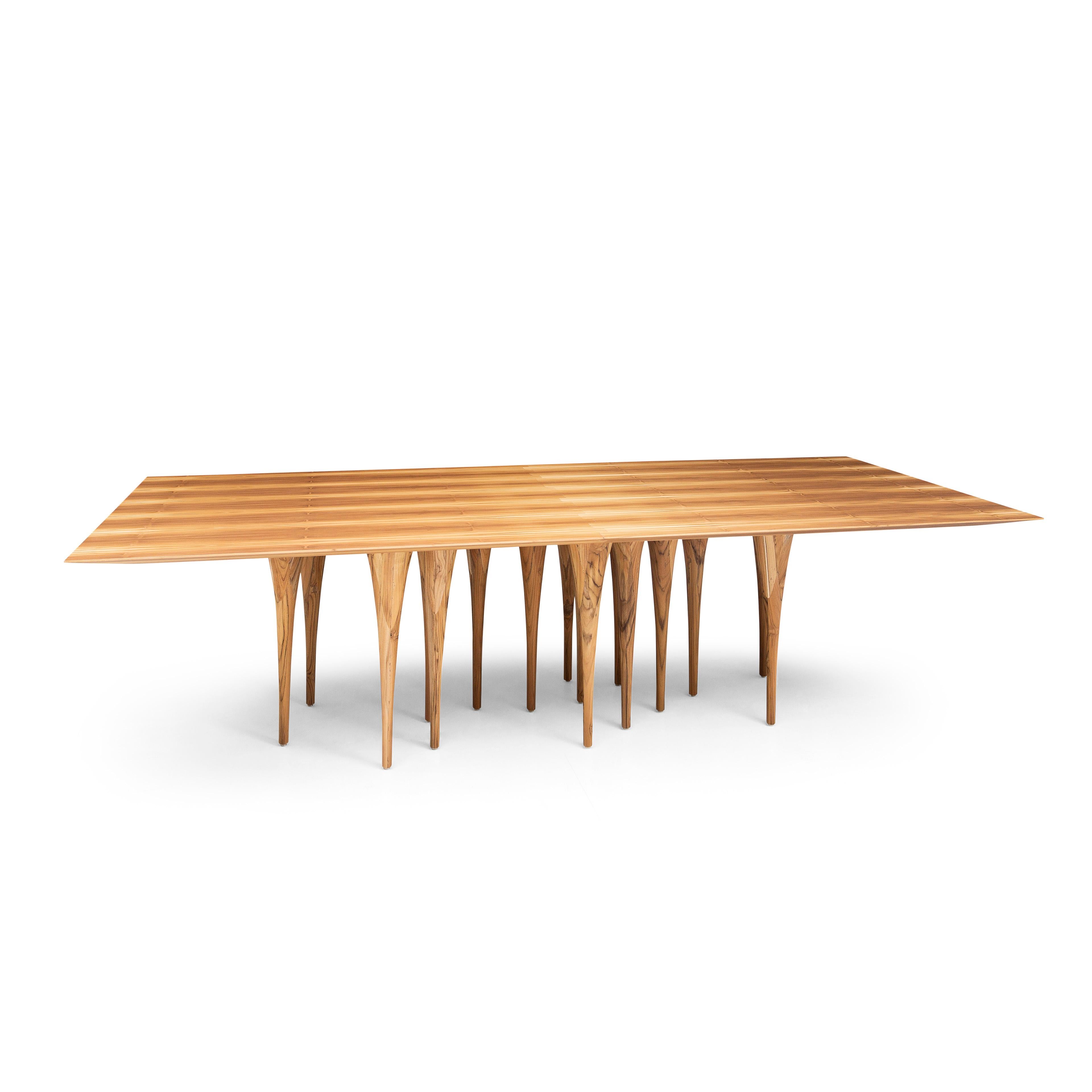 Teck Table de salle à manger à épingles avec plateau en placage de bois de teck et 16 pieds  118'' en vente