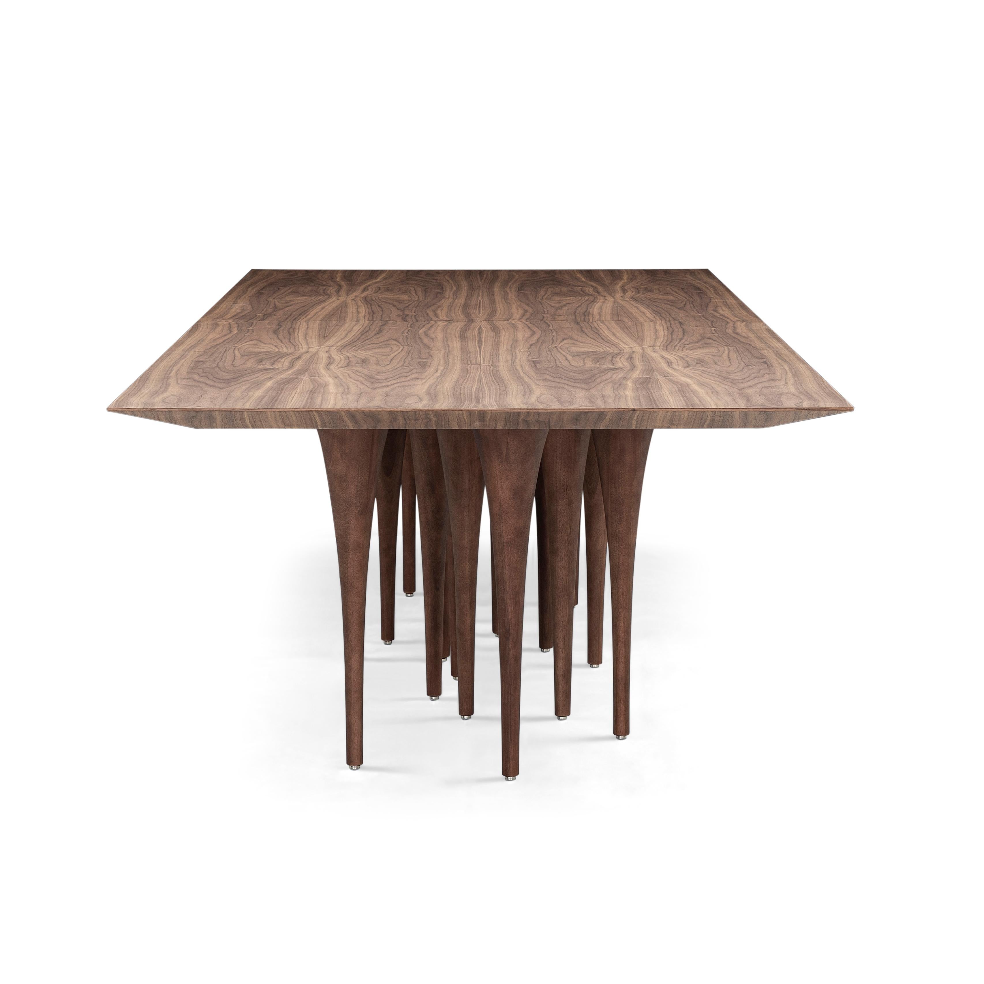 Contemporary Pin Dining Table with a Walnut Wood Veneered Table Top and 16 Legs 118'' For Sale