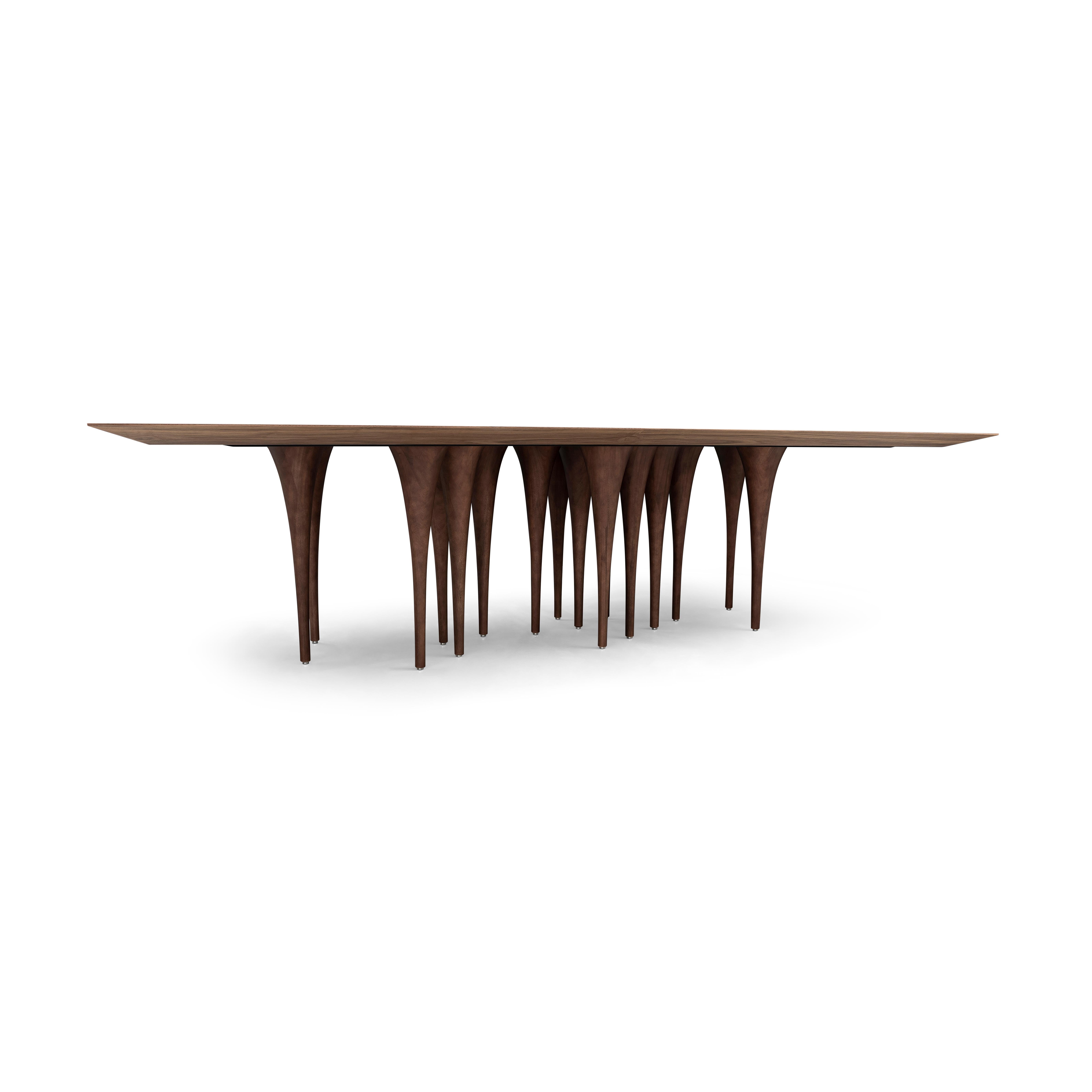 Pin Dining Table with a Walnut Wood Veneered Table Top and 16 Legs 118'' For Sale 1