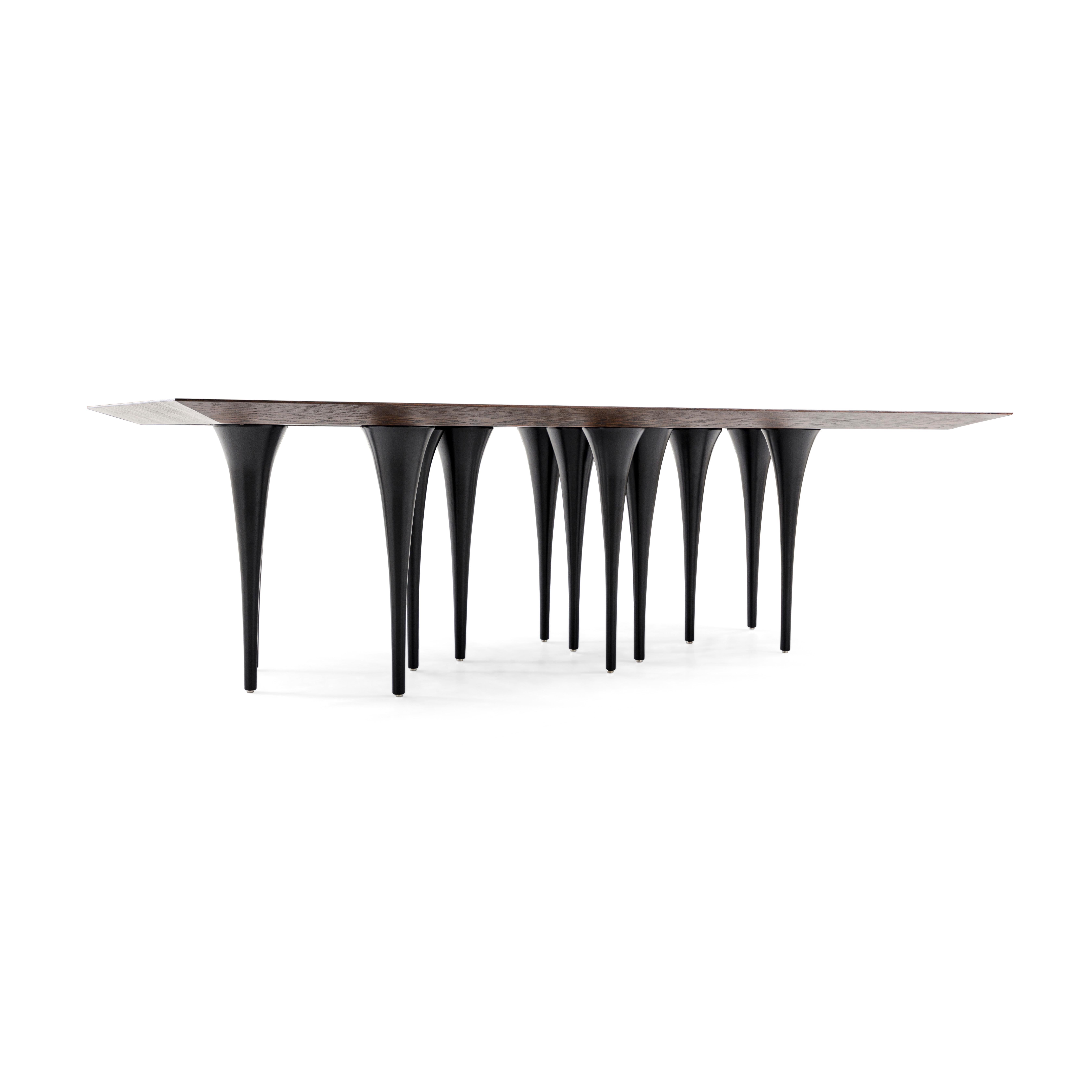 Brazilian Pin Dining Table with Veneered Black Oak Top and 12 Black Legs 98''