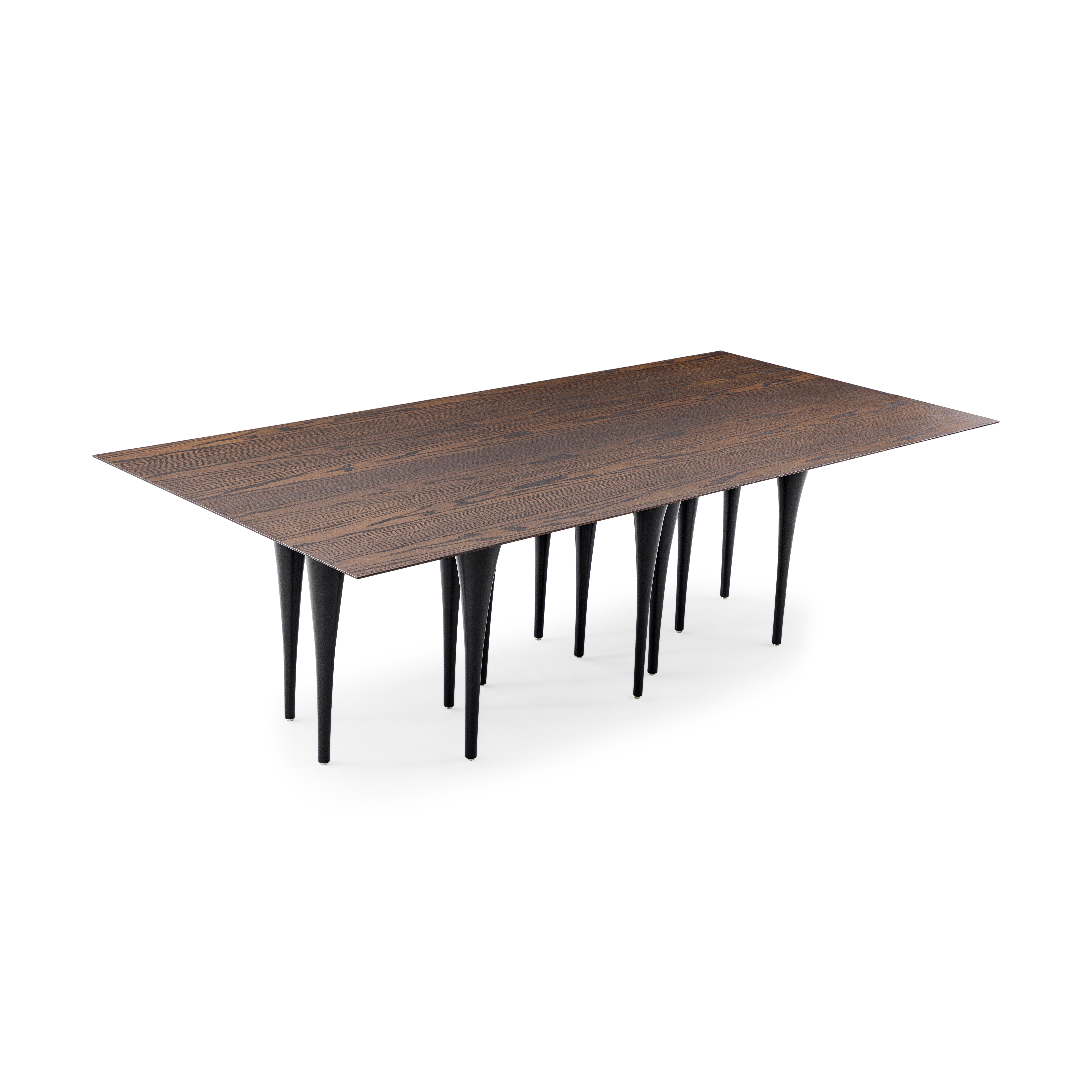 Pin Dining Table with Veneered Black Oak Top and 12 Black Legs 98'' In New Condition In Miami, FL