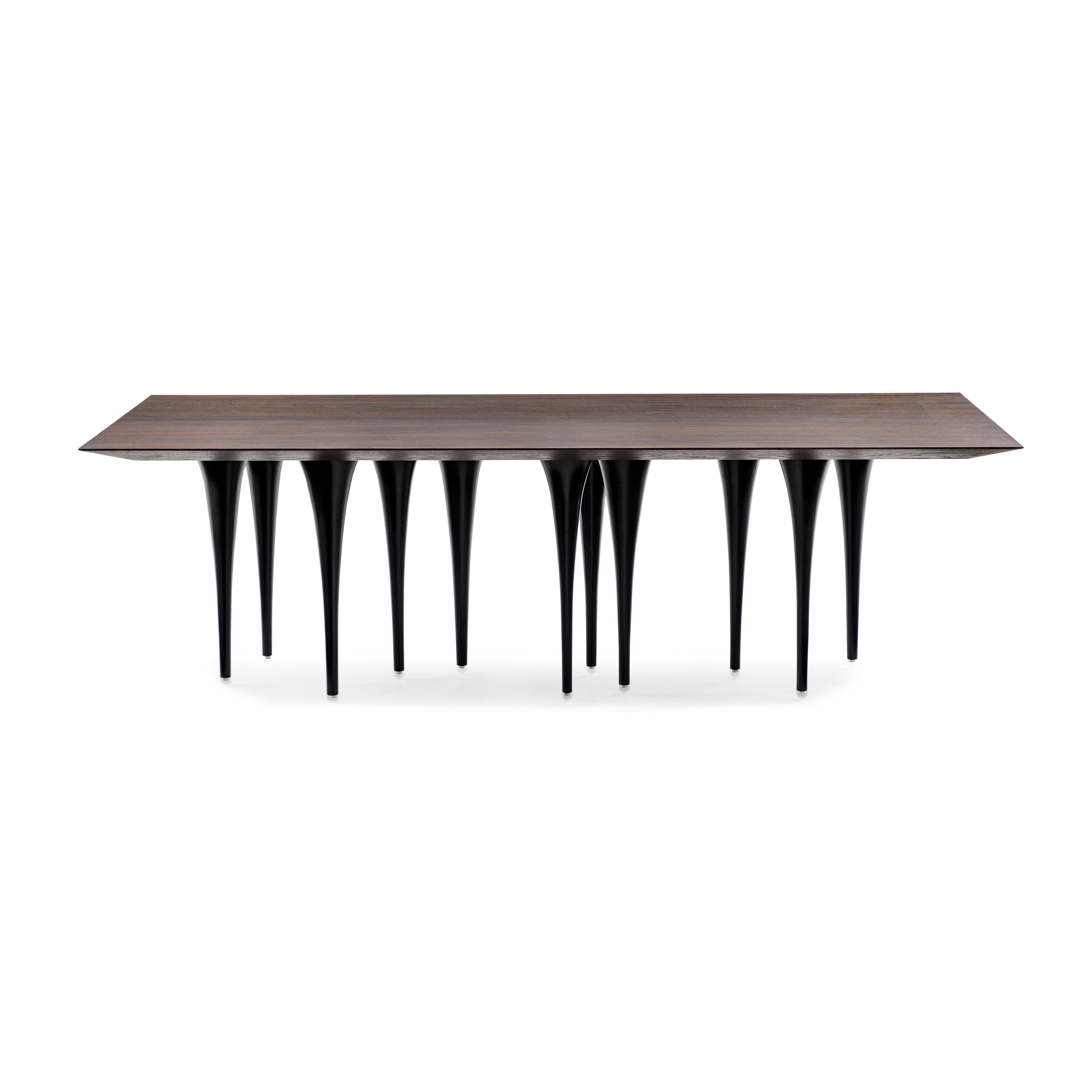 Contemporary Pin Dining Table with Veneered Black Oak Top and 12 Black Legs 98''