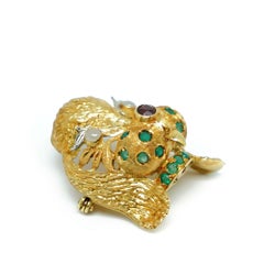 Pin Dog with Grenade Nose, Emeralds and Jades Cabochon in Gold 18 Karats