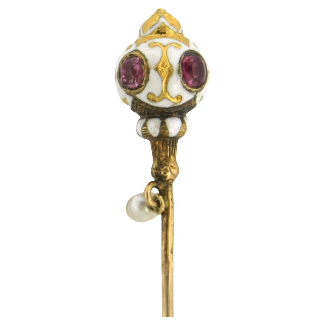 Pin ecorated with enamel and set with tourmaline and pearl 18k yellow gold