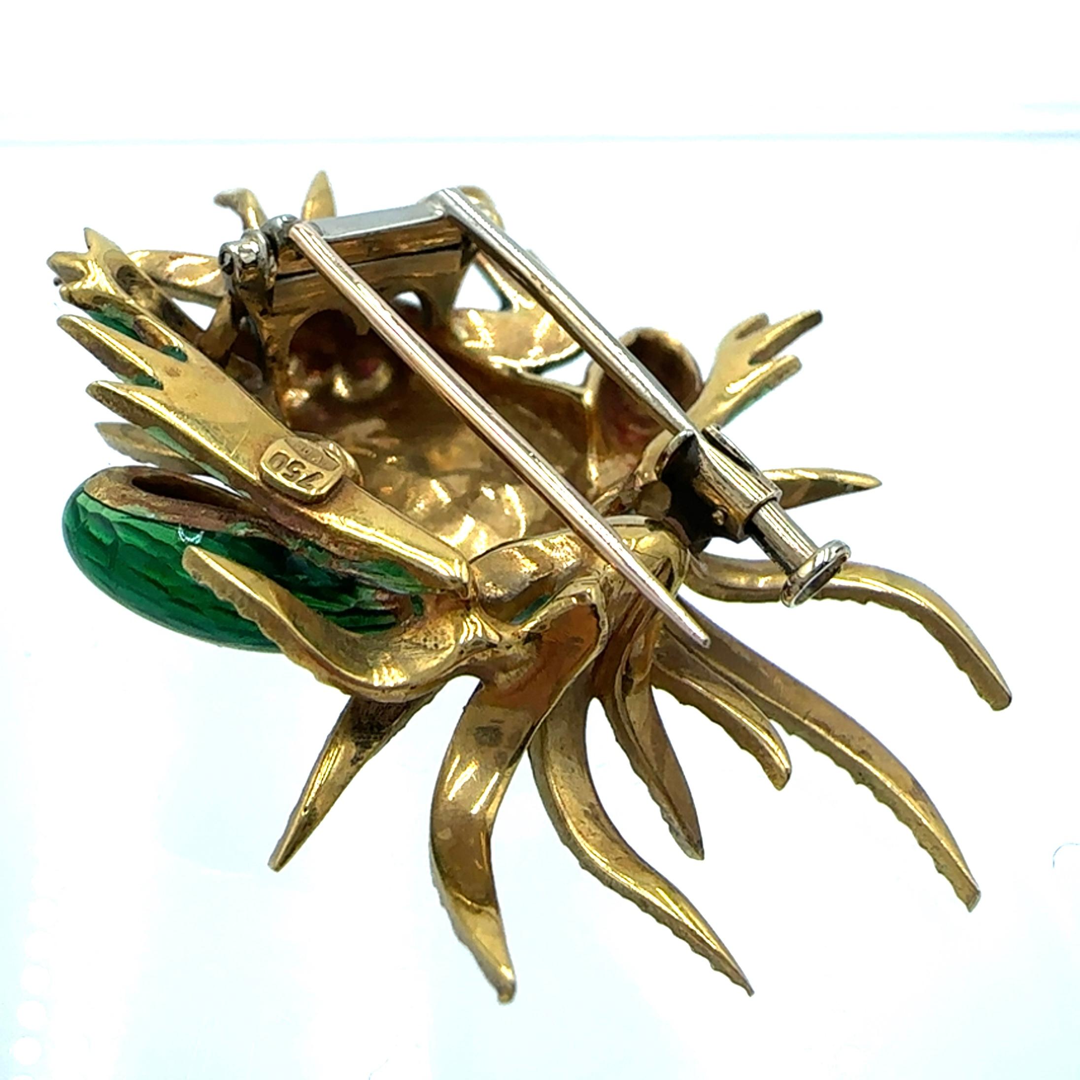 Alfiler de rana de oro amarillo de 18 quilates y rubí italiano Art Decó en venta