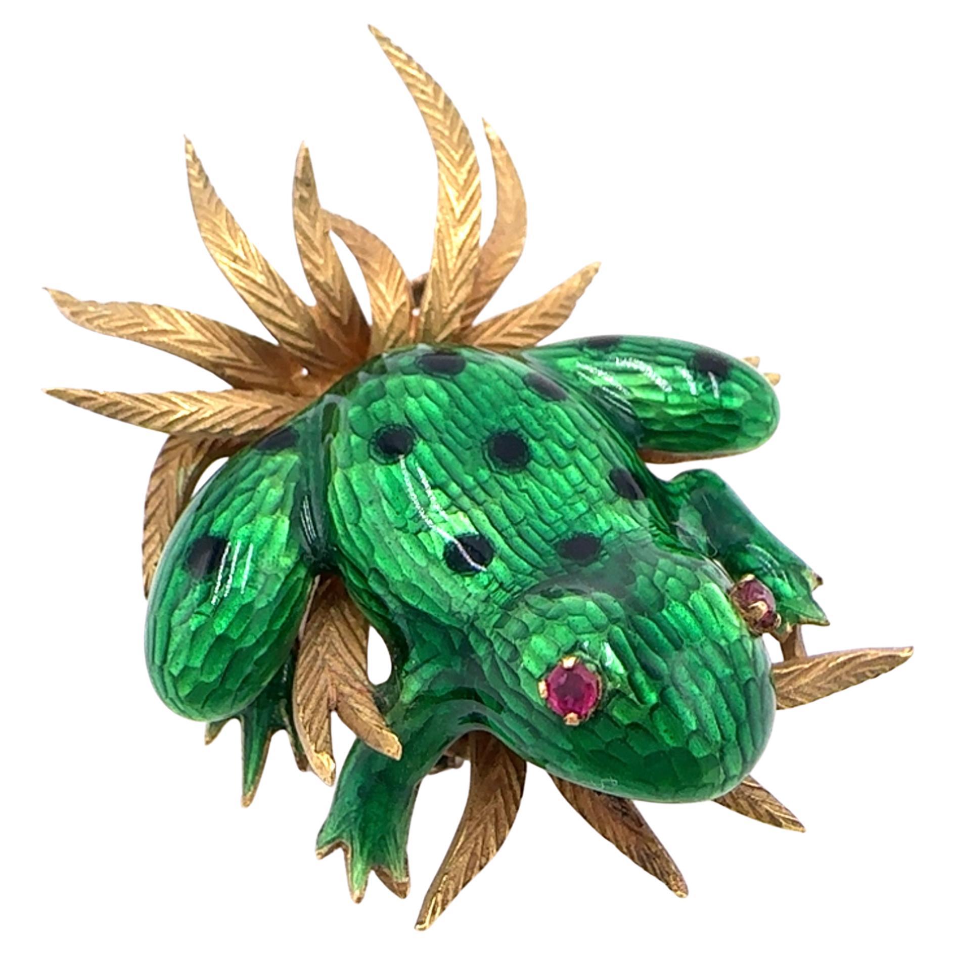 18K Yellow Gold and Ruby Frog Pin Italian