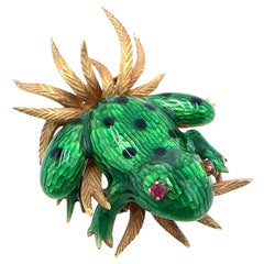 18K Yellow Gold and Ruby Frog Pin Italian