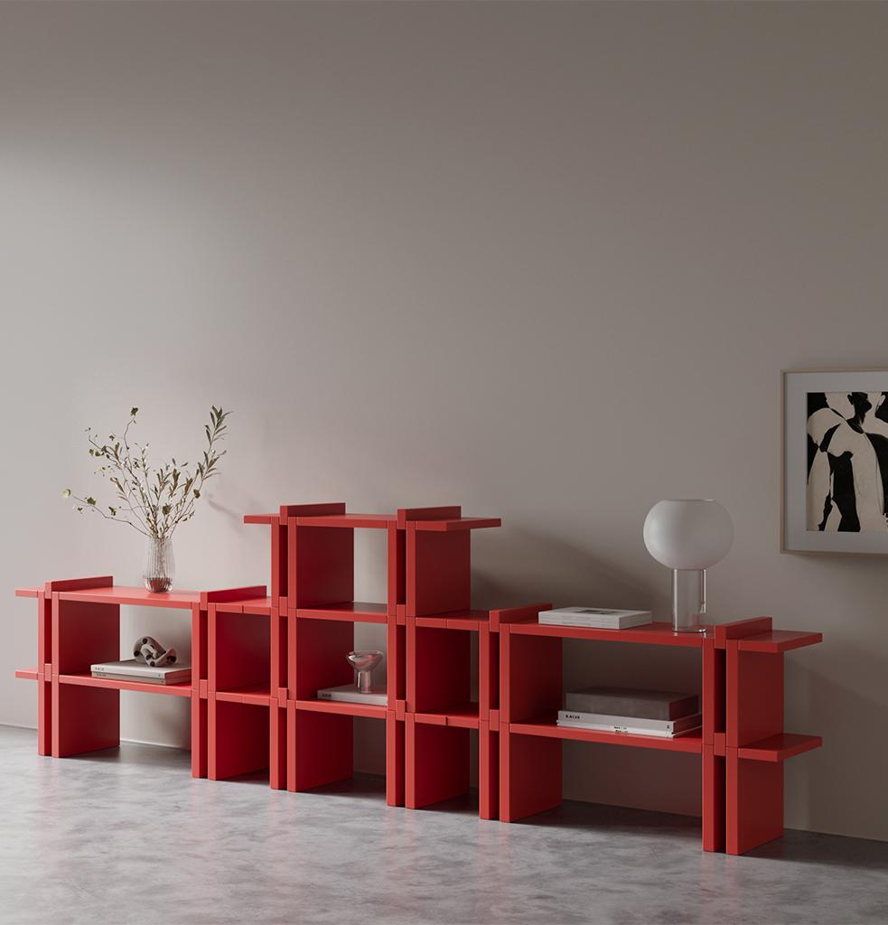 Offering a stylish appearance with vertical supports and horizontal surfaces, these shelves by hermhaus have a modular structure with two different length options and allow you to create personalized solutions by multiplying them one on top of the