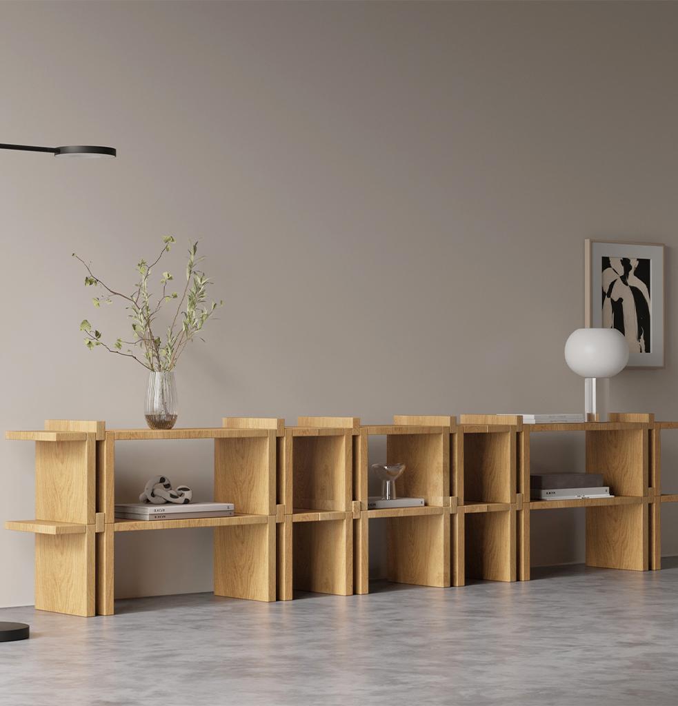 Offering a stylish appearance with vertical supports and horizontal surfaces, these shelves by hermhaus have a modular structure with two different length options and allow you to create personalized solutions by multiplying them one on top of the