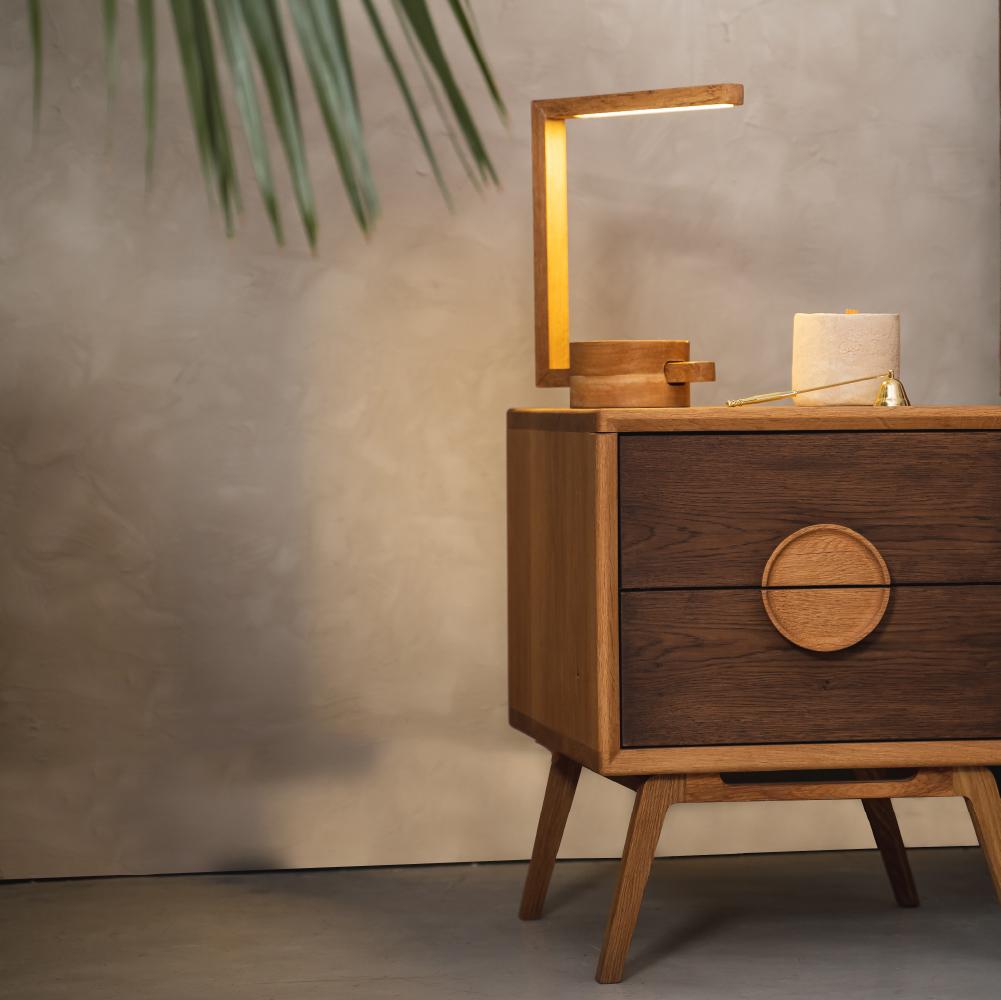 Hand-Carved Pin Nightstand, Solid Oak Wood For Sale