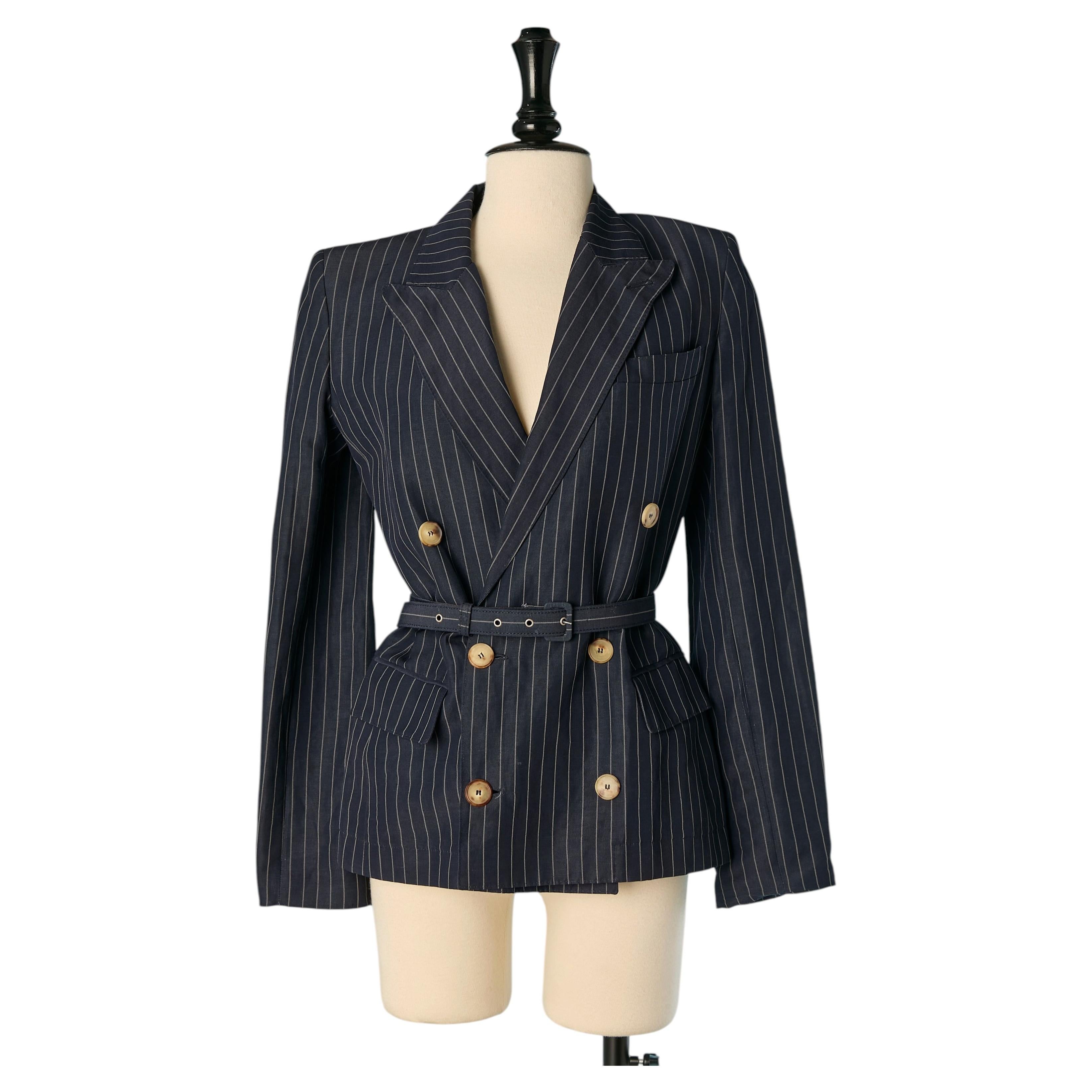 Pin striped wool and linen double breasted jacket with belt JEAN-PAUL GAULTIER