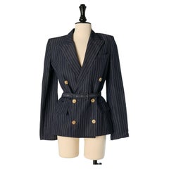 Chaqueta de doble botonadura de lana y lino a rayas con cinturón de JEAN-PAUL GAULTIER