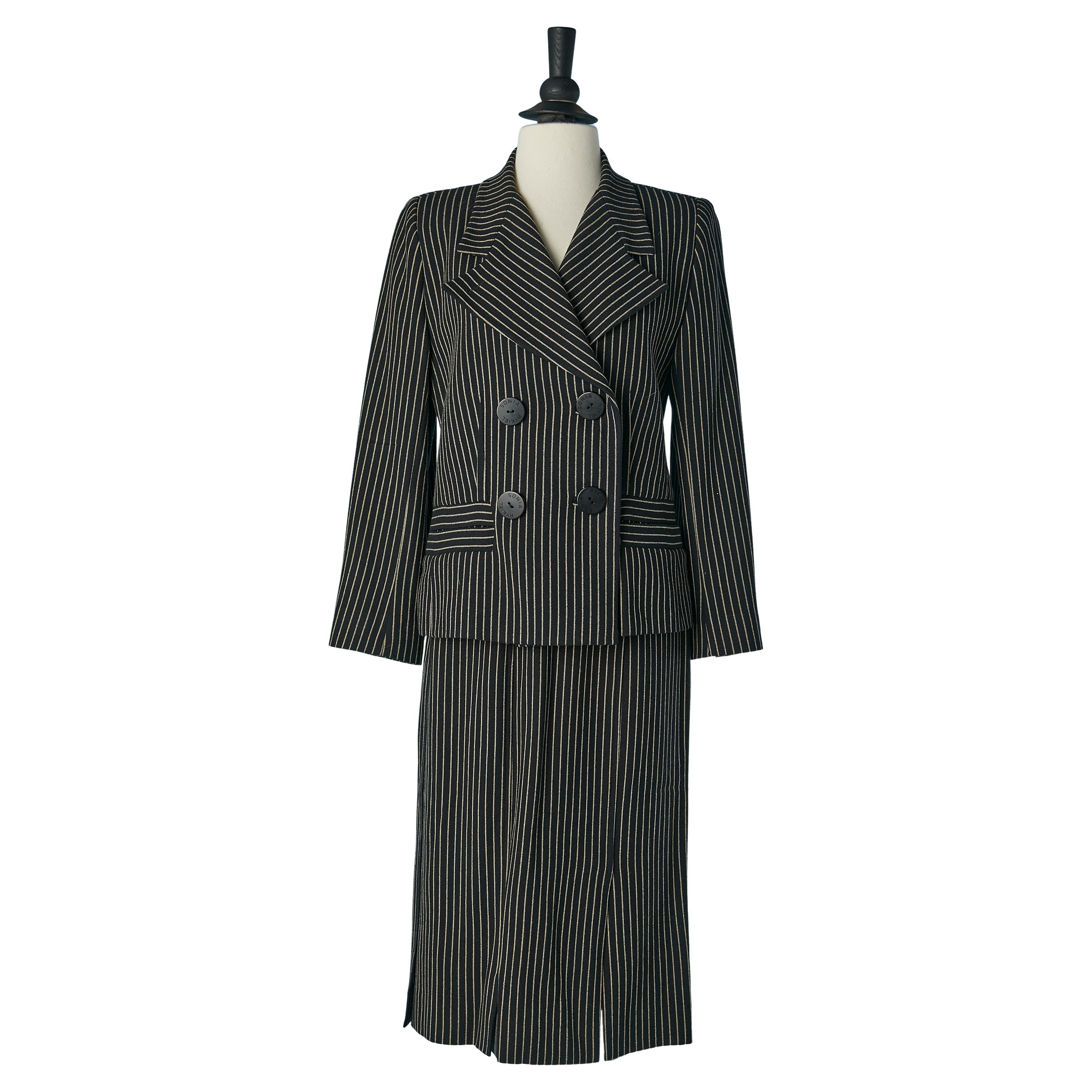 Pin-striped wool skirt suit with double breasted jacket Sonia Rykiel For Sale