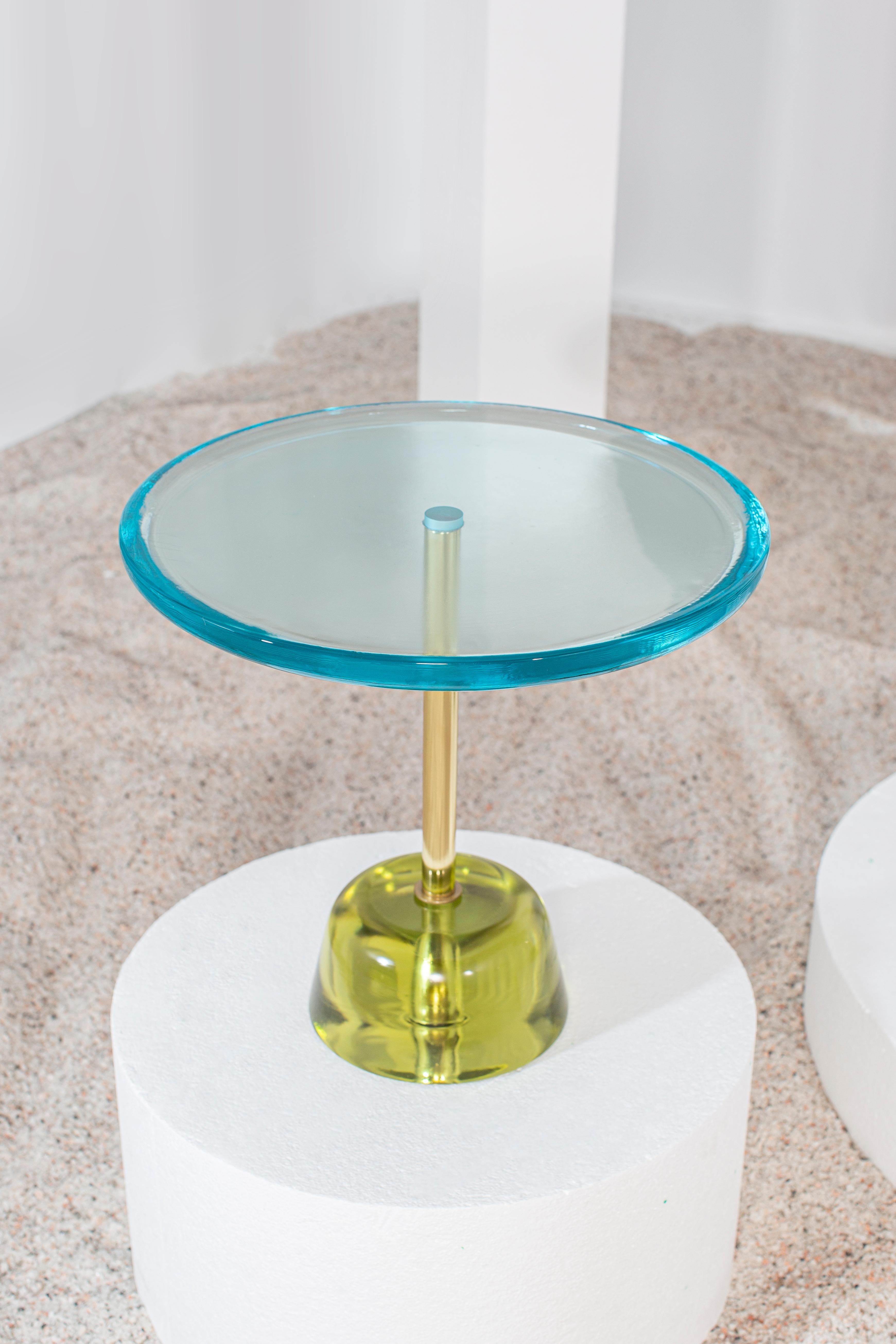 Contemporary Pina Low Aqua Blue Brass Side Table by Pulpo