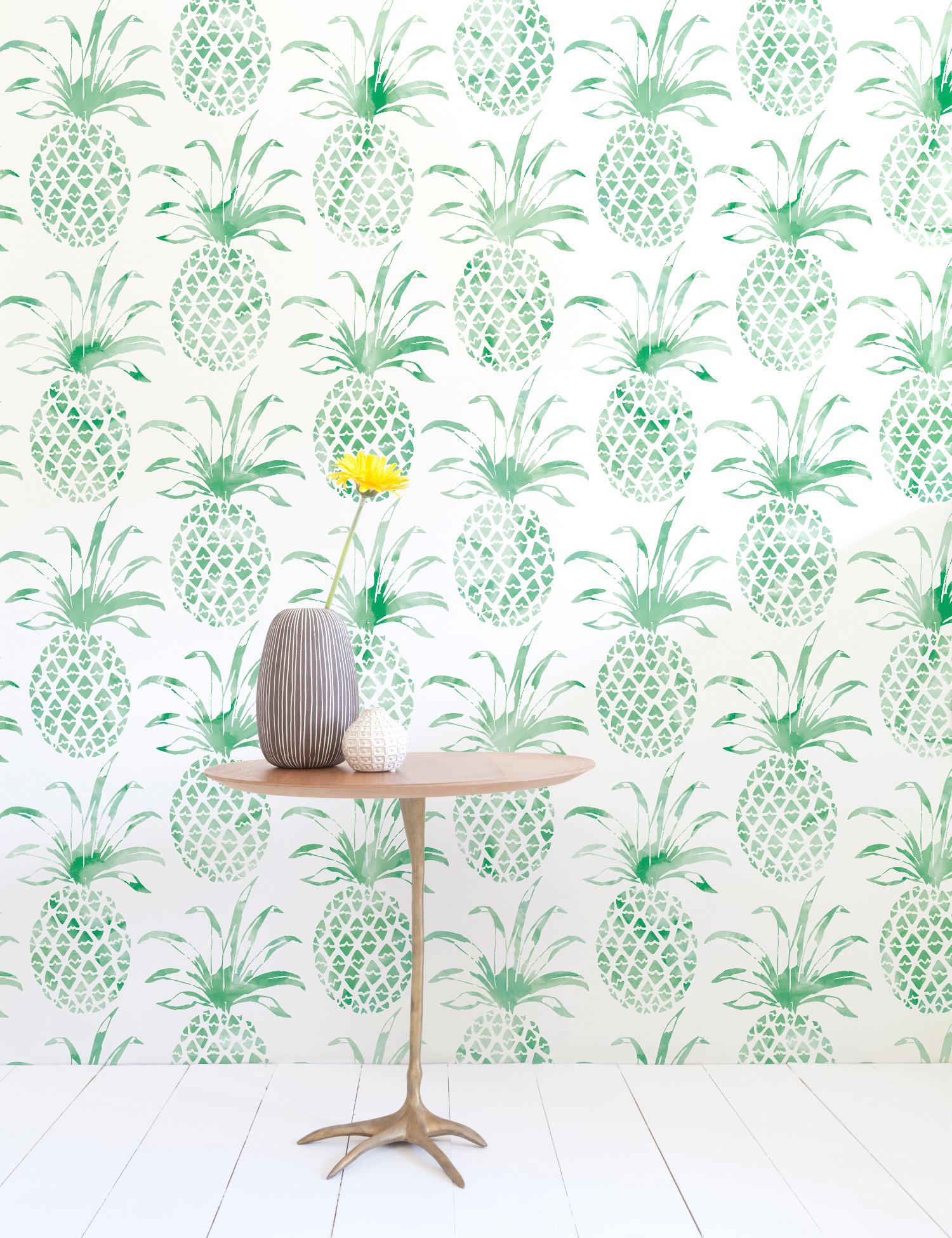 Modern Piña Pintada Designer Wallpaper in Eclectus 'Green and White' For Sale