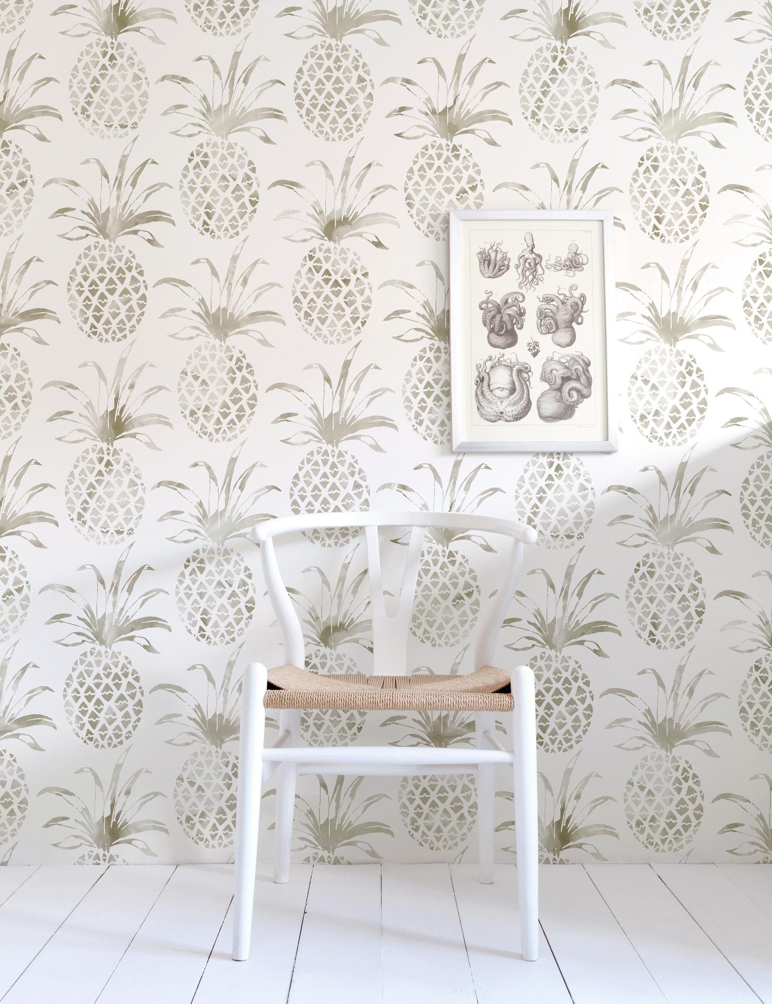 The tropical feeling of Piña Pintada wallpaper is sure to remind you of the islands, all year long.

Please note that Piña Pintada has a 4 roll minimum order (2 sets). While this item is sold as a set of 2 single rolls, it is packaged as a double