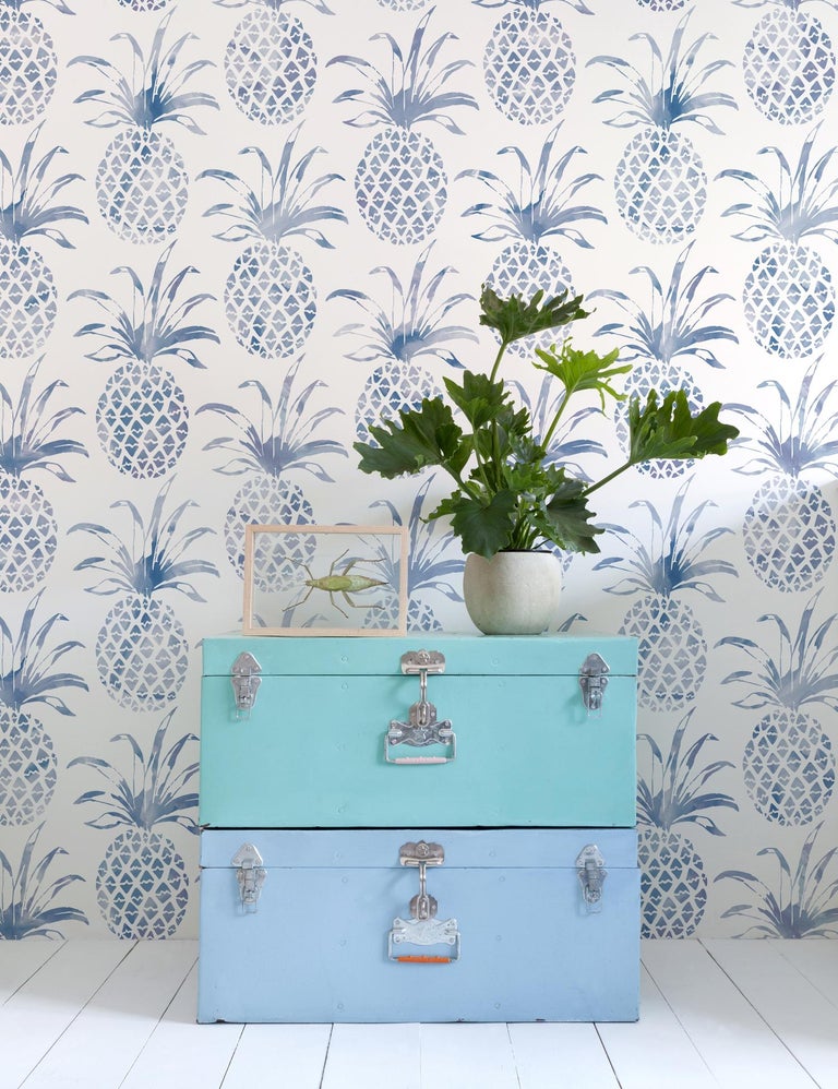 Piña Pintada Designer Wallpaper in Tang 'Navy Blue and ...