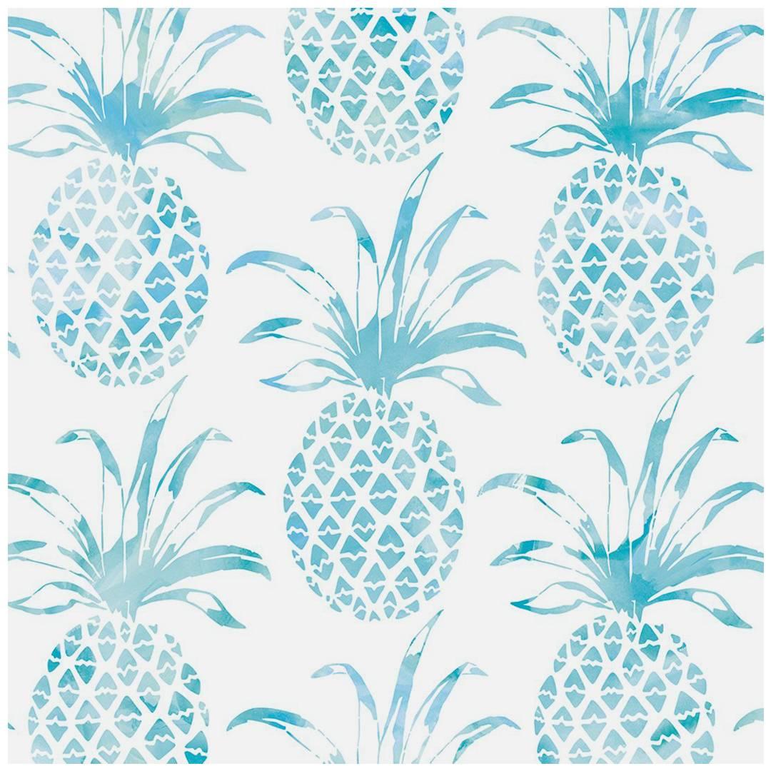 Papel Pintado de Diseño Piña Pintada en Isla 'Turquesa y Blanco'.