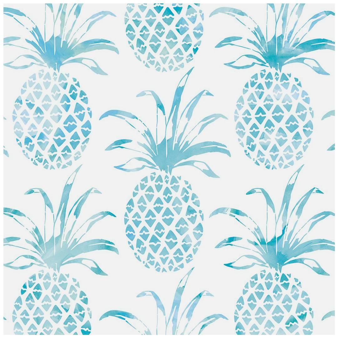 Piña Pintada Designer Wallpaper in Island 'Turquoise and White' For Sale