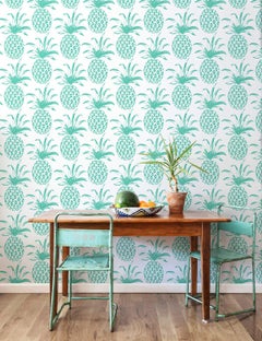 Piña Sola Designer Wallpaper in Caribe 'Turquoise on White'