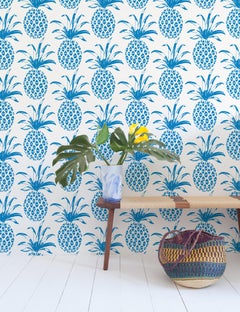 Piña Sola Designer Wallpaper in Color Ballena 'Azure Aqua Blue on White'