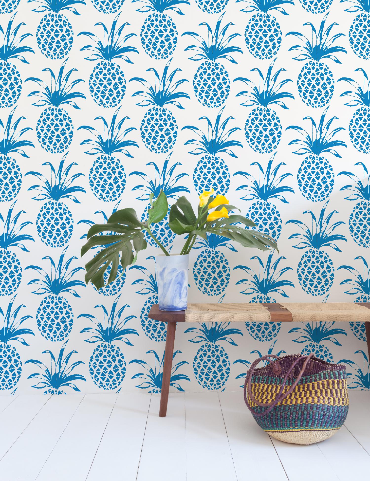 Contemporary Piña Sola Designer Wallpaper in Color Ballena 'Azure Aqua Blue on White' For Sale