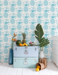 Piña Sola Designer Wallpaper in Color Delfin 'Aqua Blue on White'
