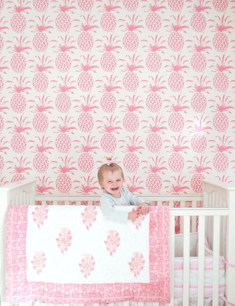Contemporary Piña Sola Designer Wallpaper in Rosa 'Peachy-Pink and White' For Sale