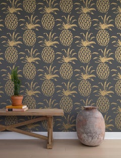 Piña Sola Designer Wallpaper in Eclipse 'Metallic Gold on Charcoal'