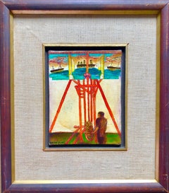 Surrealist Bulgarian French Israeli Riviera Scene Boats Oil Painting