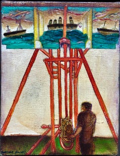 Pintura al Óleo Surrealista Búlgara Francesa Israelí Escena Riviera Barcos