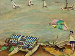 Surrealist "Le Parasol" French Riviera Scene, Paddle Boats Oil Painting