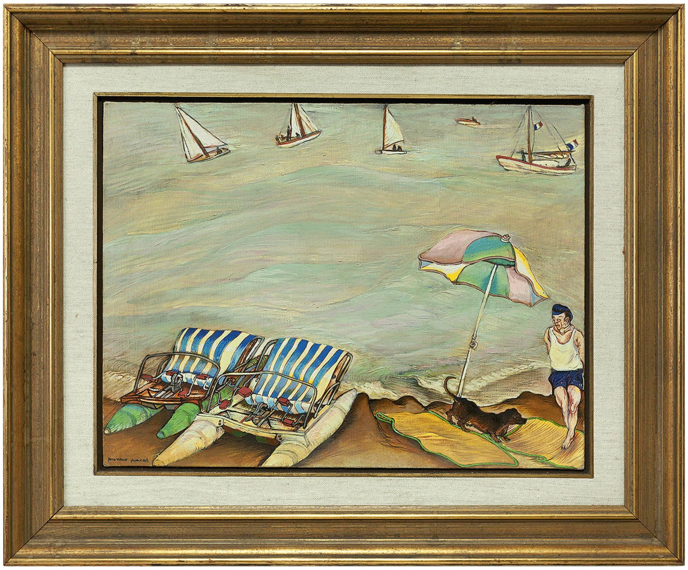 Pincas Moreno Landscape Painting - Surrealist "Le Parasol" French Riviera Scene, Paddle Boats Oil Painting