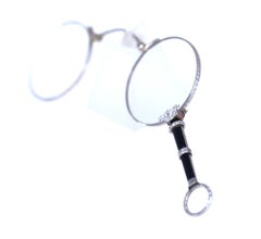 Lorgnette Onyx Old-Cut Diamonds Platinum Foldable Eyeglasses 100 year old