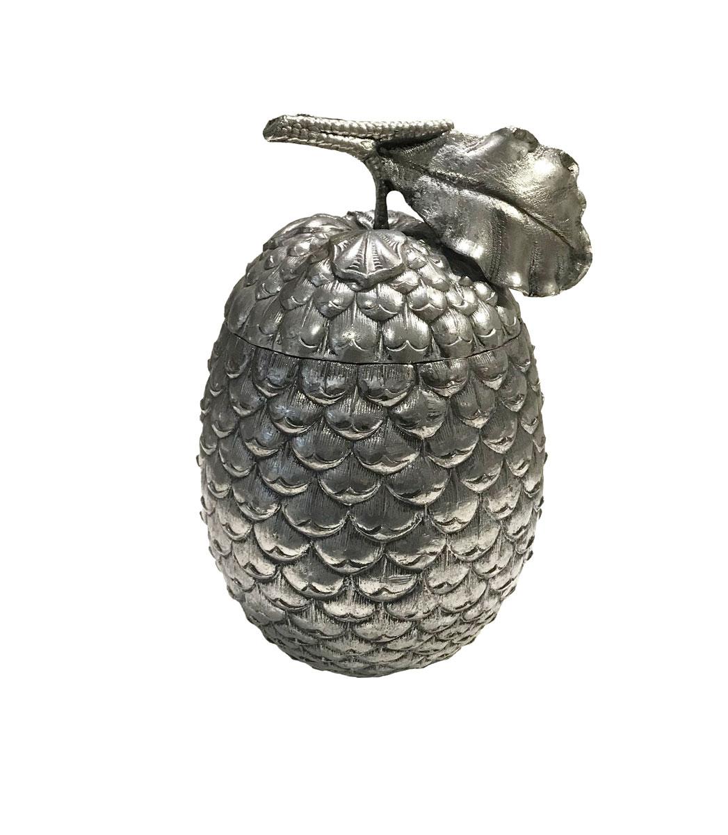 Pinecone ice bucket designed by Mauro Manetti, circa 1970 (productions realized after the 1980s have a white lacquered metallic inner part instead). Outside made of silverplated cast aluminum and a metallic inner part, typical of the production of