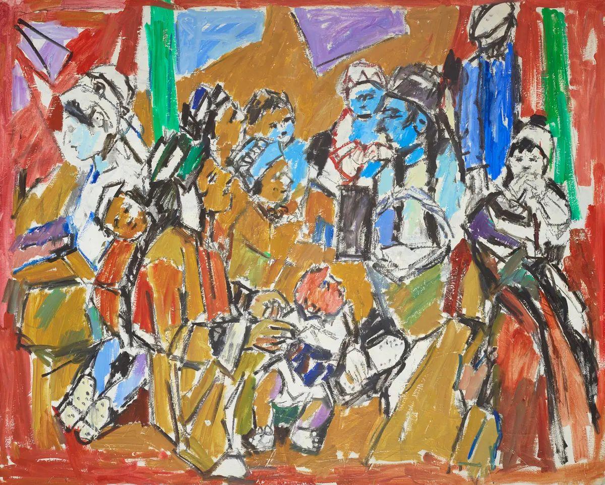 This oil painting, by Pinchas Litvinovsky, portrays a lively and expressive depiction of a bris, the Jewish ritual circumcision ceremony. The composition is filled with dynamic brushstrokes, layered with vibrant and contrasting colors such as reds,