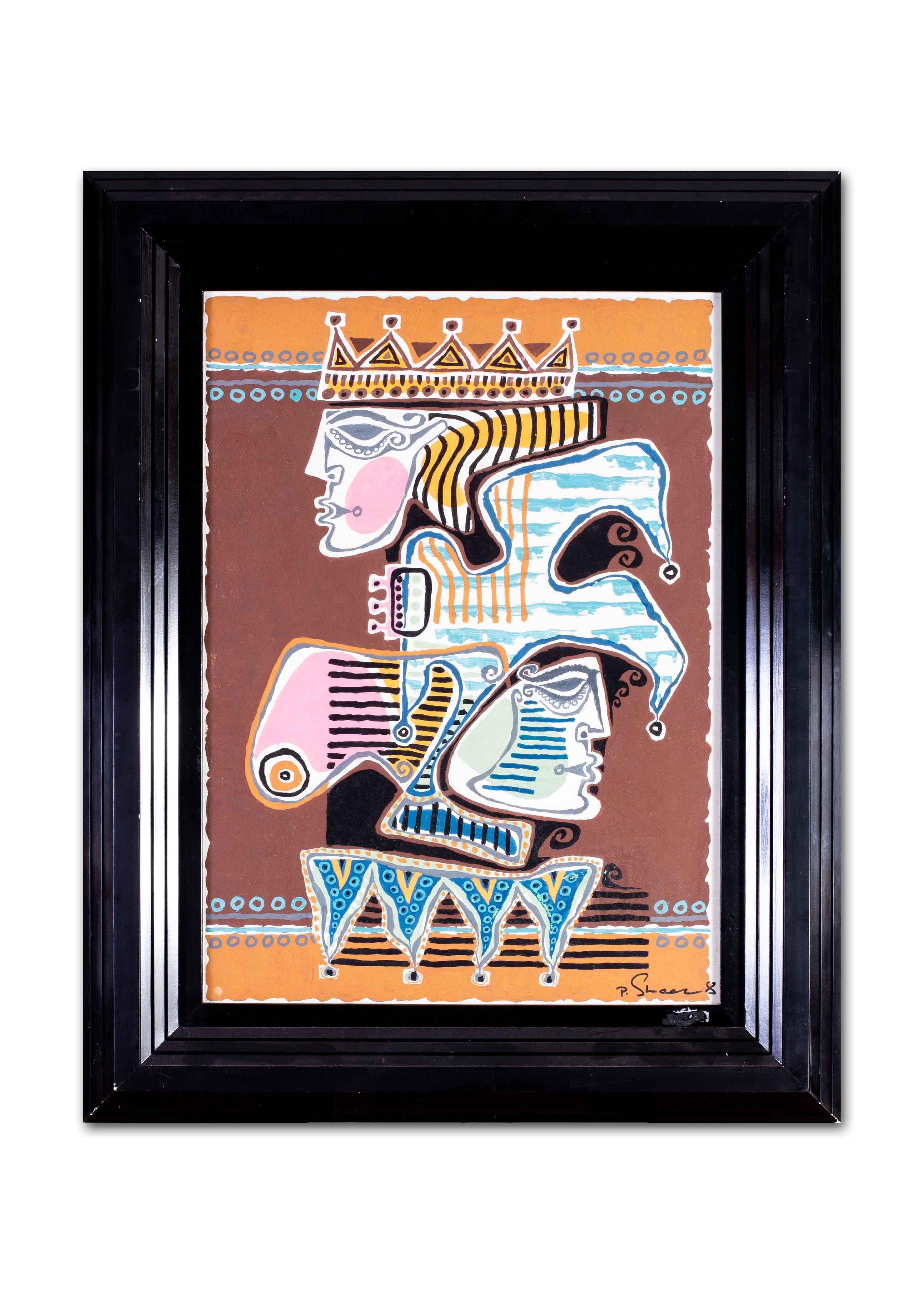 Pinchas Shaar (Polish, 1923 – 1996)
The king and the fool
Gouache on card
Signed P.Shaar 83 (lower right)
25.1/2 x 18.1/2 in. (64.8 x 47 cm.)

Pinchas Szwarc (later Shaar) was born in 1923, in Lodz, Poland, From an early age, Pinchas showed an