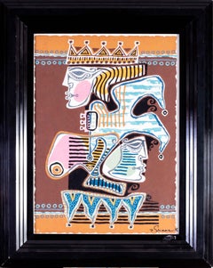 20th Century gouache painting of the king and the fool by Polish artist Shaar