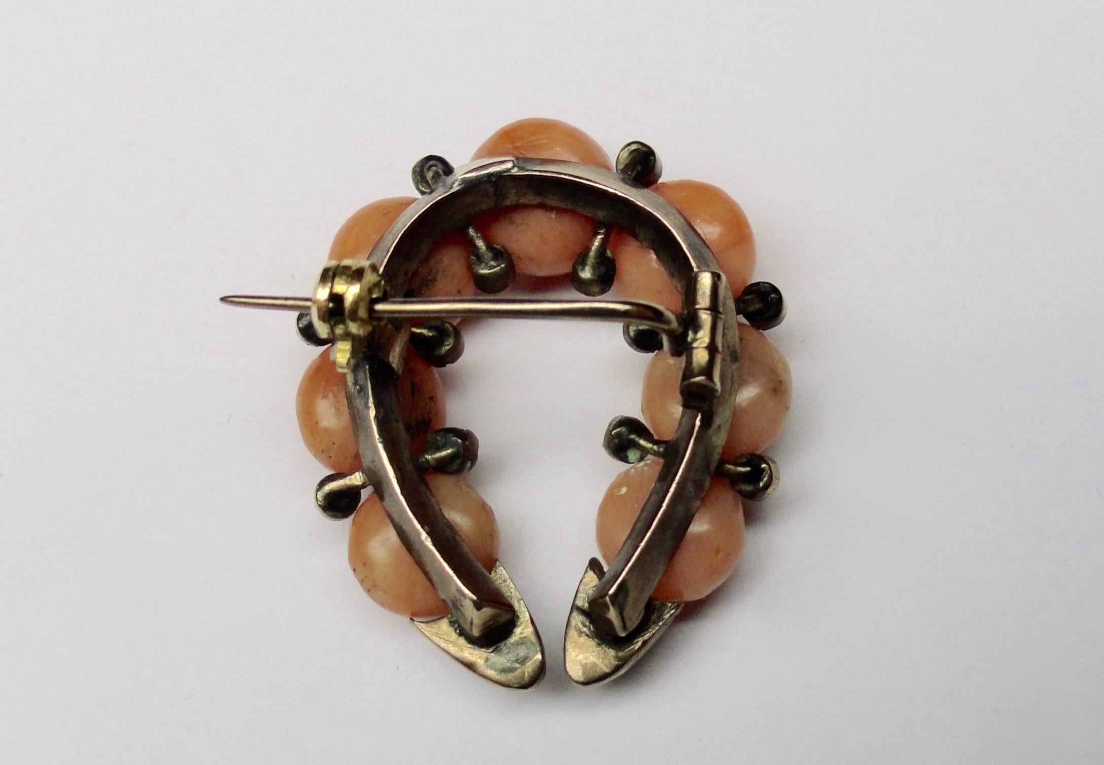 Beautiful Pinchbeck antique victorian brooch with natural coral and micro pearls.