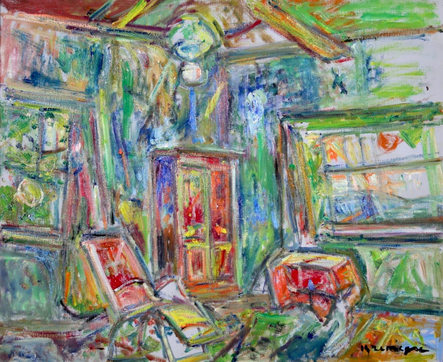 A wonderful oil on canvas by Lithuanian-French expressionist painter Pinchus Kremegne depicting a view of the interior of the artist's salon - there is a reclining chair with a with a wardrobe behind the in the corner of the room, there are windows