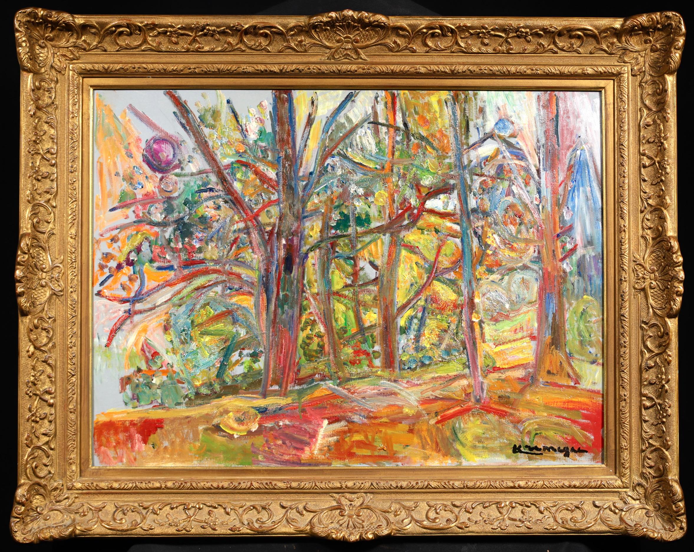Signiertes expressionistisches Landschaftsöl auf Leinwand um 1950 des litauisch-französischen Malers Pinchus Kremegne. Dieses atemberaubende und farbenprächtige Stück stammt aus Ceret in den Pyrenäen in Südfrankreich.

Unterschrift:
Signiert unten