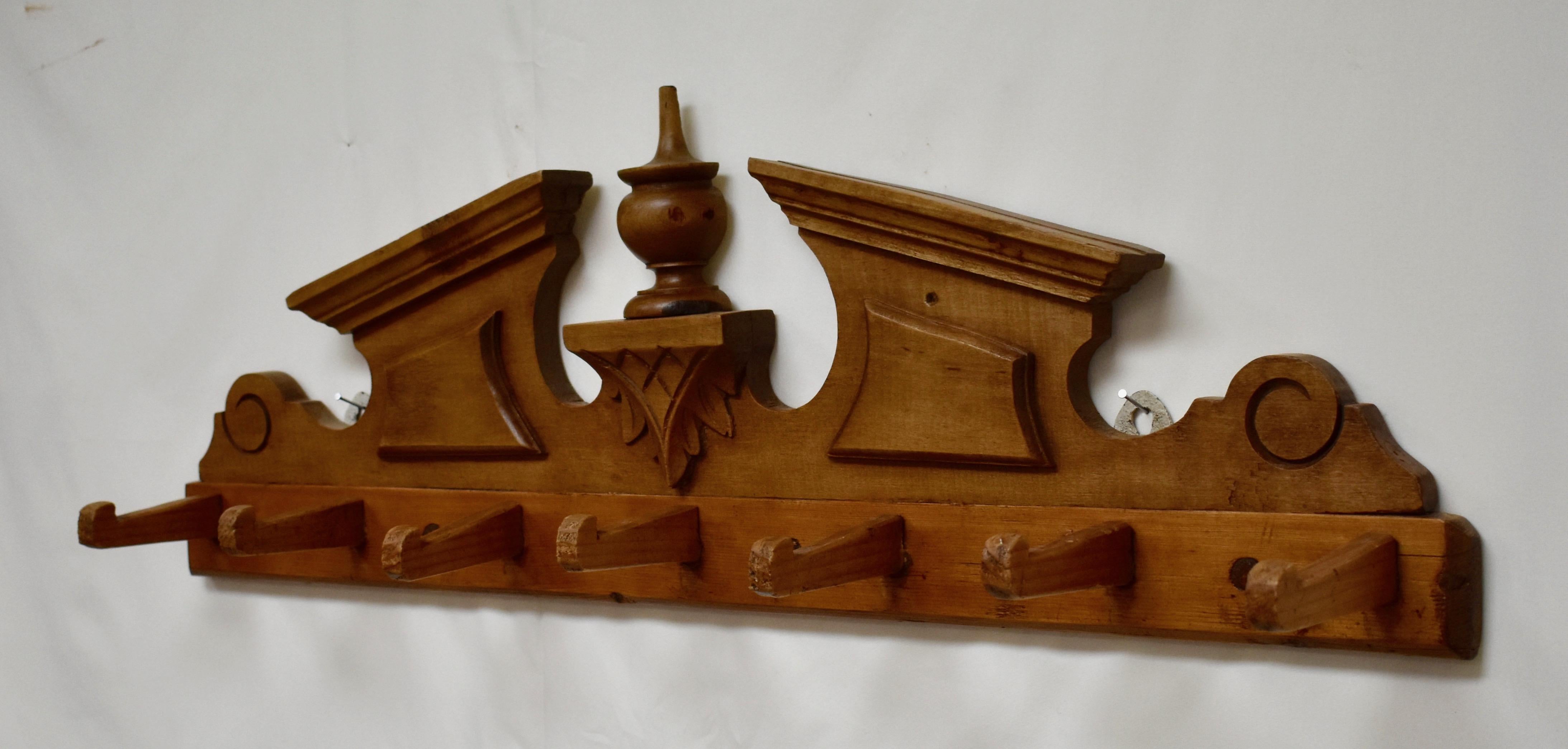 Polished Pine and Beech Wall-Mount Hat and Coat Rack